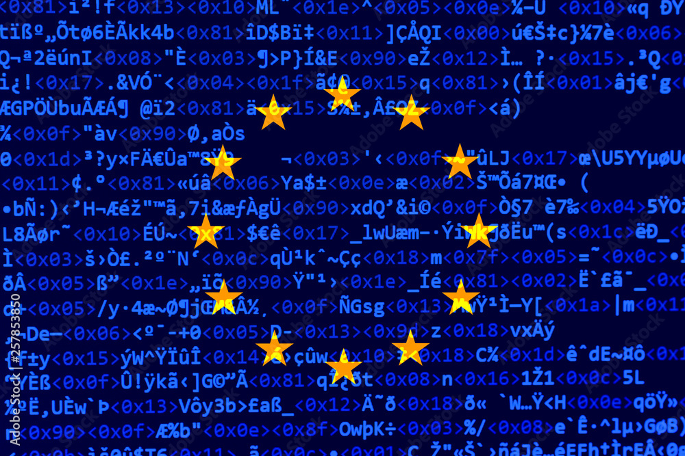 Poster source code of software with errors and overlaid eu flag. illustration by european copyright law, eu