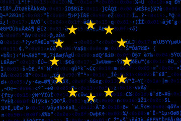 Source code of software with errors and overlaid EU flag. Illustration by European copyright law, European Union directive regarding the protection of copyright on the internet.