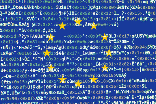 Source code of software with errors and overlaid EU flag. Illustration by European copyright law, European Union directive regarding the protection of copyright on the internet.