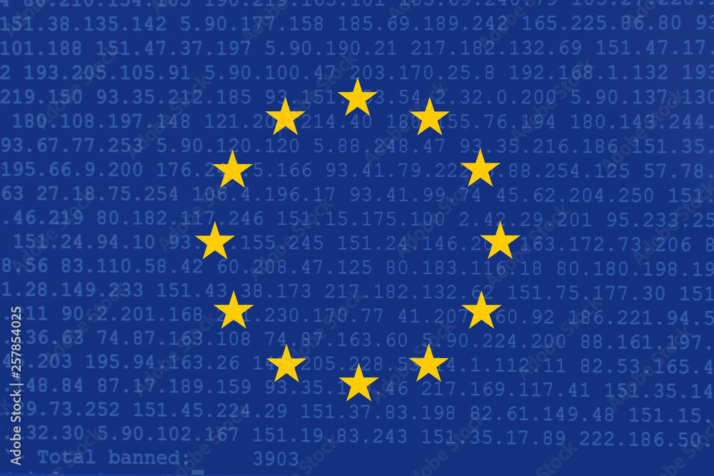 Poster source code of software with errors and overlaid eu flag. illustration by european copyright law, eu