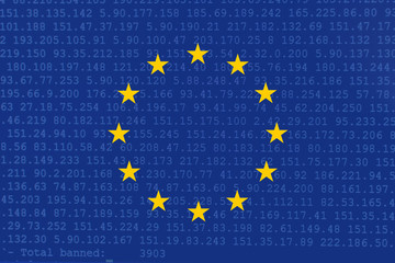 Source code of software with errors and overlaid EU flag. Illustration by European copyright law, European Union directive regarding the protection of copyright on the internet.