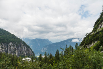 Fototapeta na wymiar View from the Krippenstein Mountain on Obertraun, Hallstatt and Hallstattersee in the Austrian Alps.