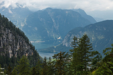 View from the Krippenstein Mountain on Obertraun, Hallstatt and Hallstattersee in the Austrian Alps.