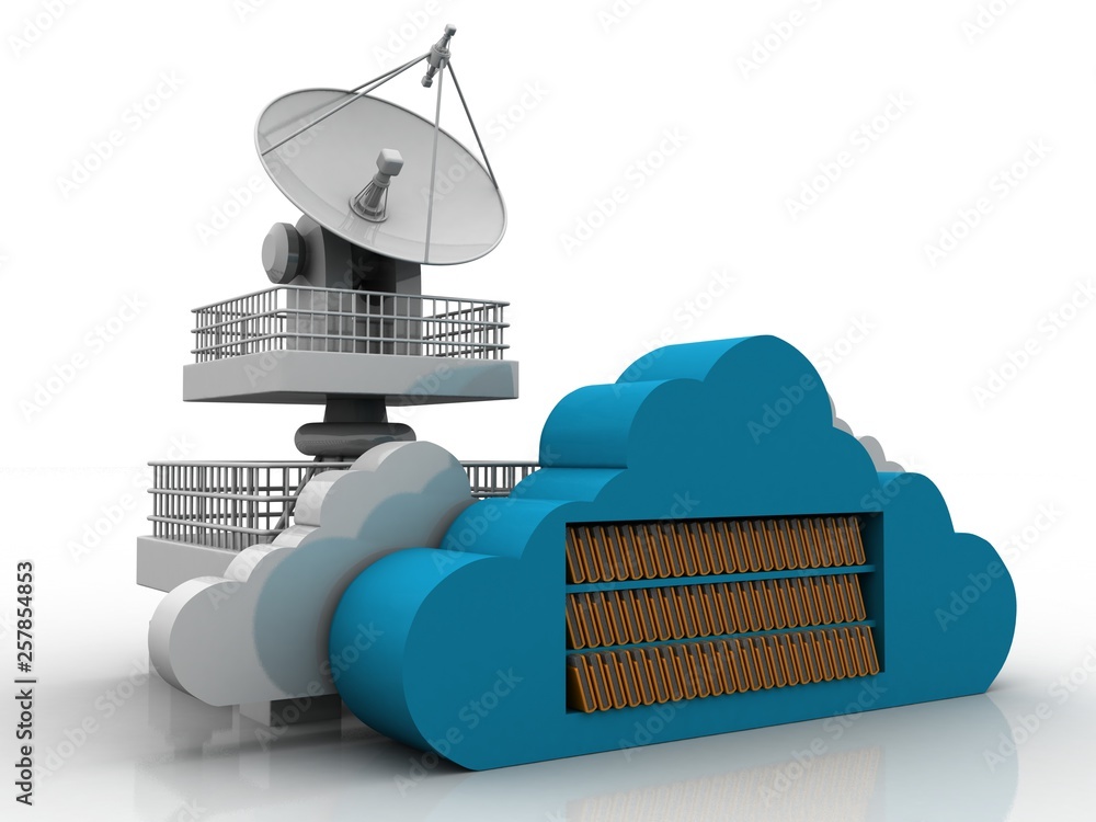 Poster satellite dish and spaceship with cloud folder network, 3d rendering