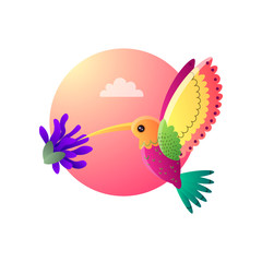 Colorful small bird hummingbird in cartoon style on pink sky background
