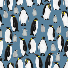 Seamless pattern. Emperor penguins and their chicks in different poses on a blue background. Realistic birds of the Antarctic. Vector for packaging, paper, prints and cards