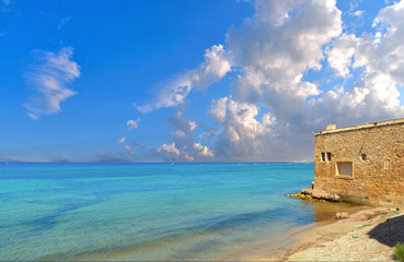 Trapani. Panoramic view of empty paradise turquoise beach near on waterfront and near city harbor, Sicily, Italy. - obrazy, fototapety, plakaty