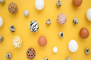 Fototapeta na wymiar Dyed Easter eggs on yellow background. Creative animal pattern. F