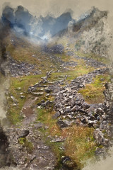 Foggy Autumn morning over footpath through mountain pass