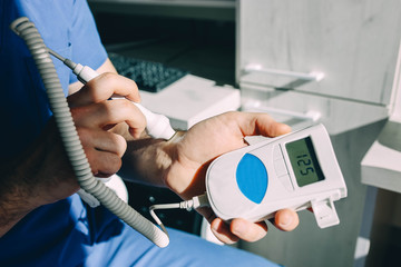 medical vascular  doppler diagnostics of blood flow in the vein and artery.