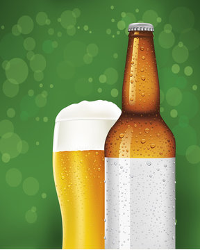 beer glass and bottle with blank label on green background