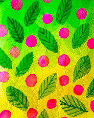  Abstract green background of leaves of trees and pink berries of cherry or currant in watercolor style