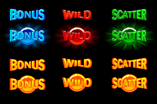 Set of slots icon templates. Vector Gold and color icons wild, bonus and scatter. For game, slots, game development.
