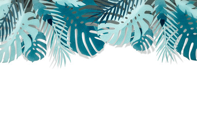 Various paper  turquoise blue tropical leaves border with shadow, isolated on white background