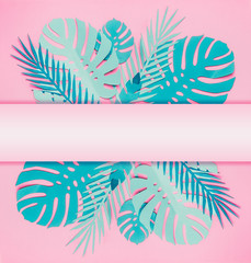 Fototapeta na wymiar Various turquoise blue tropical leaves with copy space for your design on pastel pink background. Creative layout