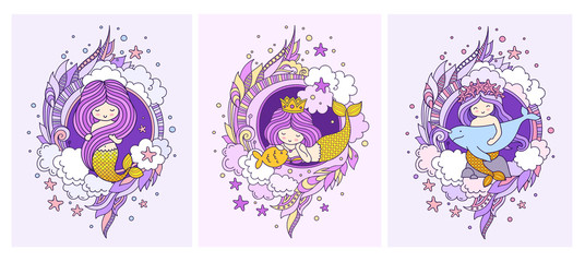 Set of postcards with little mermaids, fish, narwhal. Siren, surrounded by violet seaweed, clouds and starfish. Vector illustration.