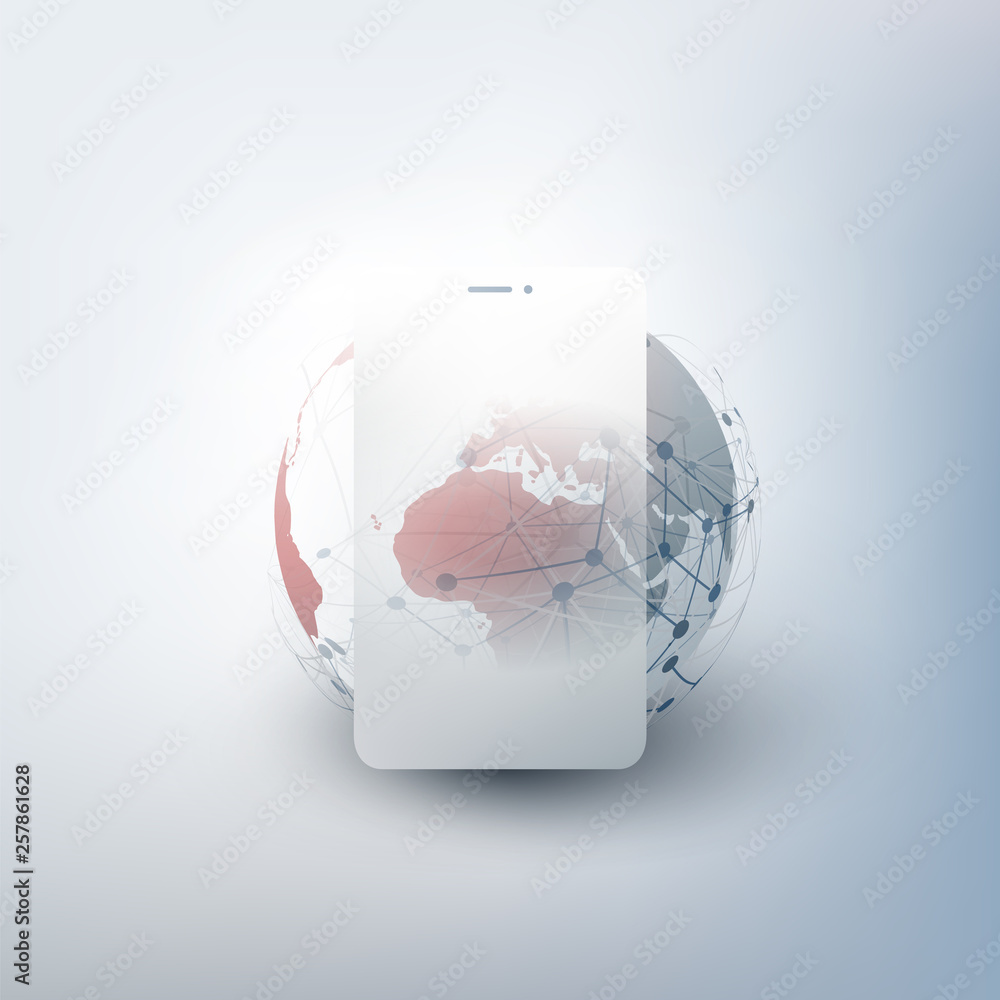 Poster global networks design with network mesh, earth globe and smartphone silhouette - vector template fo