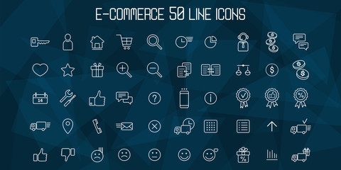 E-commerce line icons on triangle background. Shopping online 50 icons set. Vector illustration.