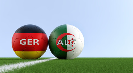 Germany vs. Algeria Soccer Match - Soccer balls in Germanys and Algerian national colors on a soccer field. Copy space on the right side - 3D Rendering 