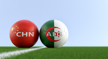 China vs. Algeria Soccer Match - Soccer balls in Chinas and Algerian national colors on a soccer field. Copy space on the right side - 3D Rendering 
