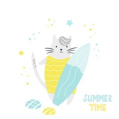 Cute hand drawn cat with surfboard. Character design