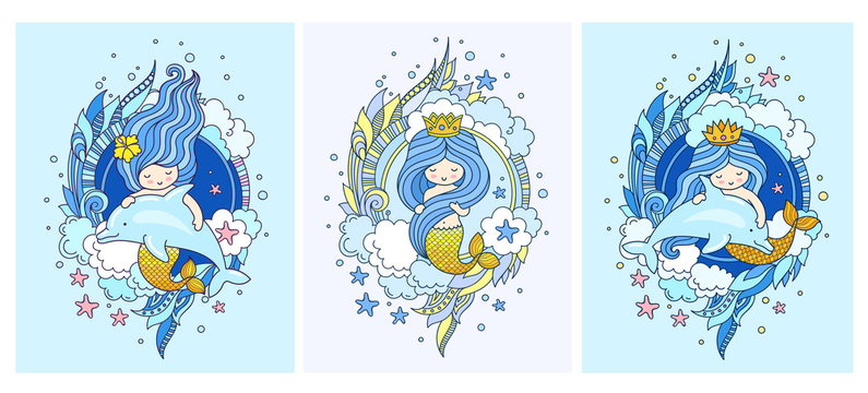Set of postcards with little mermaids and dolphins. Siren, surrounded by blue seaweed, clouds and starfish. Vector illustration.