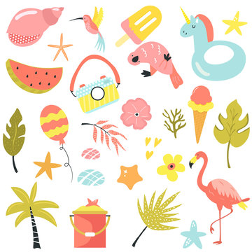 Set of summer elements and icons. Vector illustration