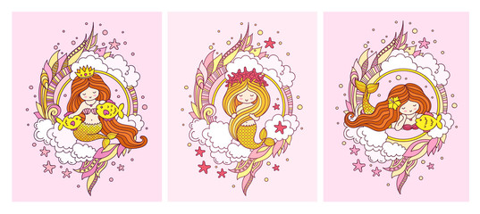 Set of posters with little sweet mermaids and fish. Siren, surrounded by pink seaweed, clouds and starfish. Vector illustration.