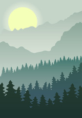 Illustration of the misty forest in mountains.