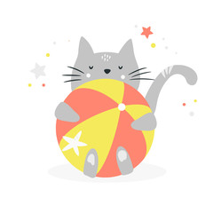 Funny grey cat hugging a beach ball