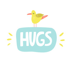 Mischievous Lettering text HUGS with funny seagull