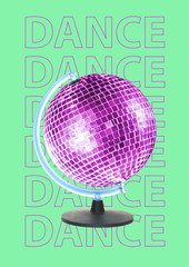New dance world is opened. Alternative dancing Earth. Purple globe as a sparkling discoball spinning against light green background. Music concept. Modern design. Contemporary pop-art collage.