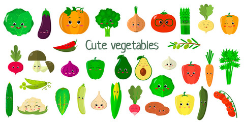 Kawai cute vegetables and herbs, the faces of the characters mega set of twenty seven elements. For your design of cards, scrapbooking, crafting. Cartoon, flat design, vector illustration