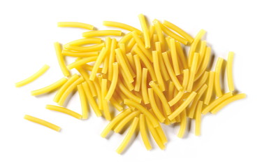 Macaroni, raw pasta isolated on white background, top view