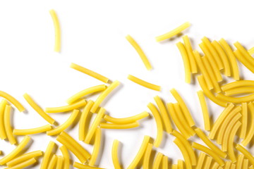Macaroni, raw pasta isolated on white background, top view