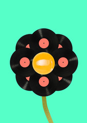 Voice of immortal music - live vinyl records. Alternative black growing flower with music collections in its rounded petals against blue background. Modern design. Contemporary pop-art collage.