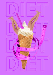 Diet and weight loss, dive in fitness. Icecream filled with female legs and pink spoony surrounded by tape measure. Healthcare and healthy food concept. Modern design. Contemporary pop-art collage.