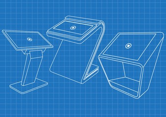 Blueprint of Set of Promotional Interactive Information Kiosk, Advertising Display, Terminal Stand, Touch Screen Display. Mock Up Template.