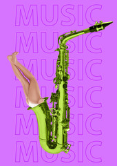 Fototapeta premium Immersion in sound with your head. Bad ear for jazz. The fit girls legs from the yellow-green saxophone tube against purple background. Music concept. Modern design. Contemporary art collage.