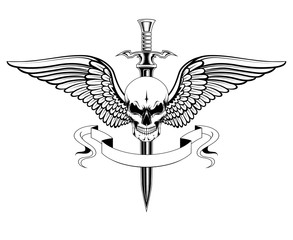 Skull with wings, sword and ribbon. Black and white vector image. Image on white background.