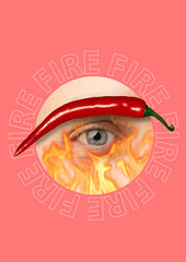 Spicy and hot look. Male blue eye surrounded with flames of fire and chilli red pepper. Rounded in centre of trendy coral background. Modern design. Human nature concept. Contemporary pop-art collage.