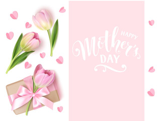 Fototapeta na wymiar Happy Mothers day design template. Vector calligraphic lettering text with pink tulips and gift box.