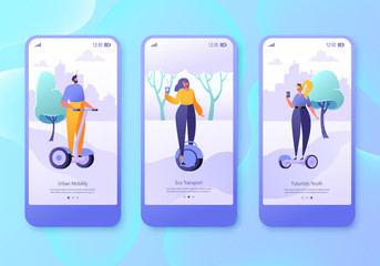Urban weekend mobile app page, screen set. Flat design characters of men and women with hover boards. Outdoor concept for website. Concept of landing page on lifestyle and eco transport theme.