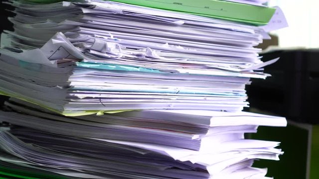 Piled heap high recycle documents folders, Stack business paper on desk messy or paperwork in office. Old Document achieves in print folder doc forms, use recycling for save