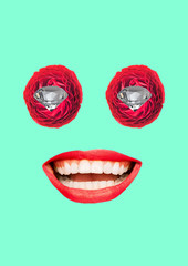 Bright brilliant sight full of joy. Your eyes blossom. Diamonds concentrated in flowers with big hollywood smile on female face. Happy smiling woman. Modern art design. Contemporary pop-art collage.