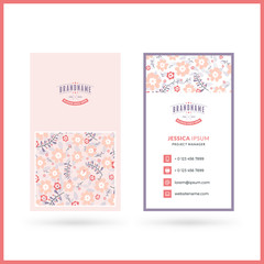 Double-sided vertical modern business card template with cute floral background. Vector mockup illustration. Stationery design