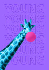 Get high by being young. Repeat yourself you are modernity every day. Curious blue giraffe in moon...