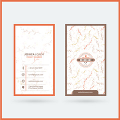 Double-sided vertical modern business card template with cute floral background. Vector mockup illustration. Stationery design