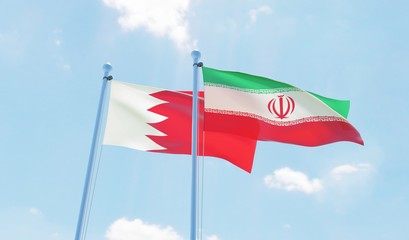 Iran and Bahrain, two flags waving against blue sky. 3d image