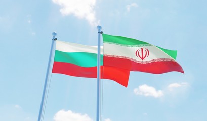 Iran and Bulgaria, two flags waving against blue sky. 3d image